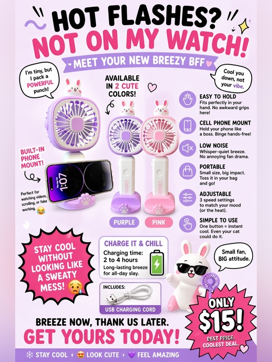 Accessories - 💥Power Pink or Power Purple - Bunny Mini USB Handheld Fan